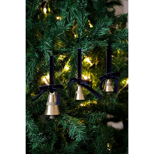 Beige & Stone X Den.ınteriors Yılbaşı Ağacı Süsleme Seti 3'lü Kadife Kurdeleli Gold Renk Çan Ağaç Süsü