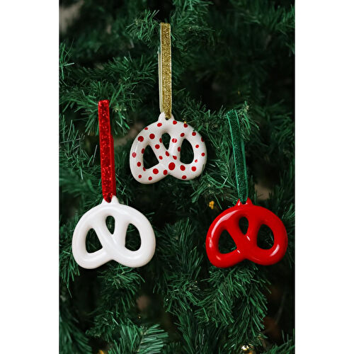 Beige & Stone Yılbaşı Ağaç Süsü Seramik Pretzel Simit Çam Ağacı Süsü 3'lü