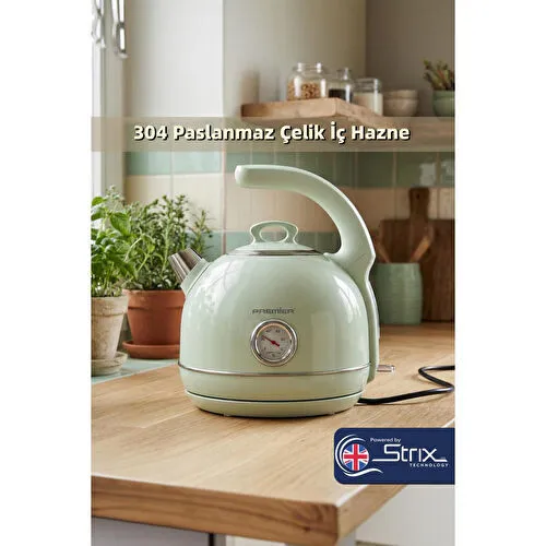 Premier Prk 1215c Retro Tasarımlı Analog Göstergeli Paslanmaz Çelik Hazneli Su Isıtıcısı Cool Touch Kettle Yeşil Renk