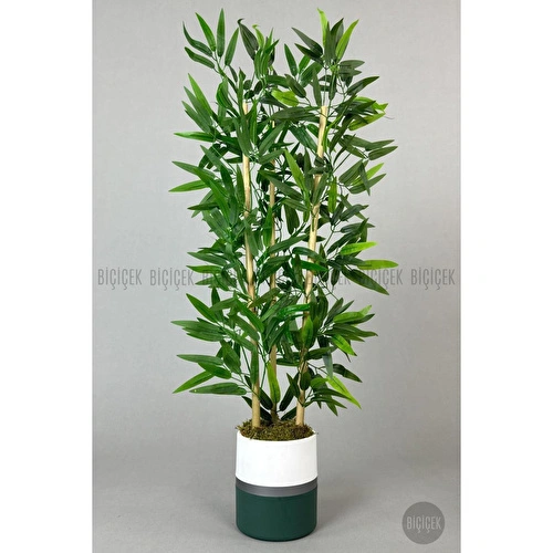 Biçiçek Yapay Bambu Ağacı 100cm Lux Saksı Yeşil-gümüş