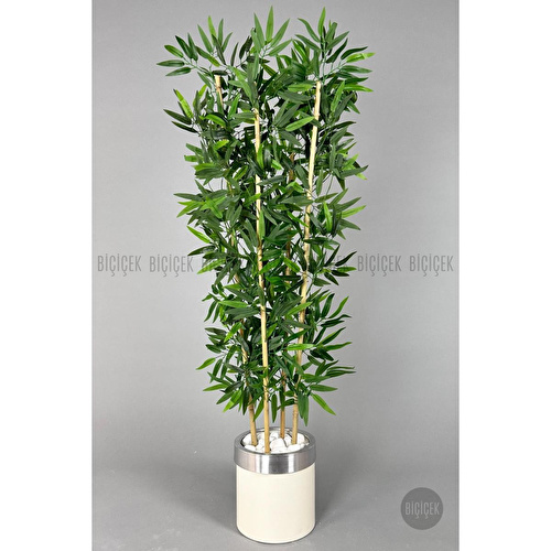 Biçiçek Yapay Bambu Ağacı 140cm Krem Gümüş Metal Saksıda