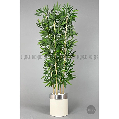 Biçiçek Yapay Bambu Ağacı 140cm Krem Gümüş Metal Saksıda