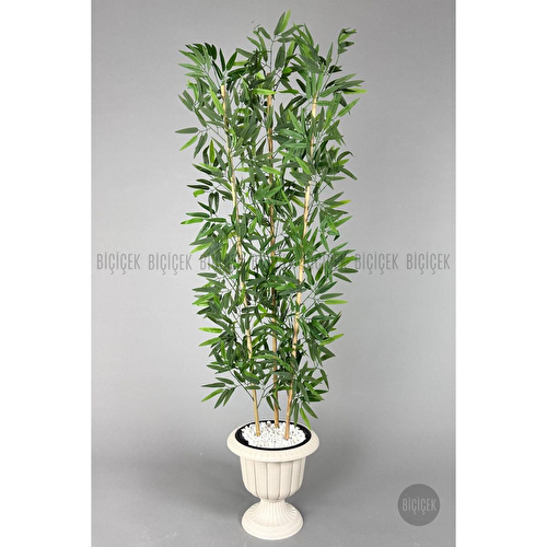 Biçiçek Yapay Bambu Ağacı 170cm Yoğun Yapraklı Kırık Beyaz Renk Nergis Saksıda