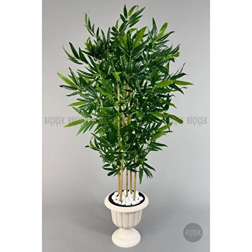 Biçiçek Yapay Bambu Ağacı 170cm Büyük Yapraklı 5 Bambulu Kırık Beyaz Renk Nergis Saksıda Yapay Ağaç