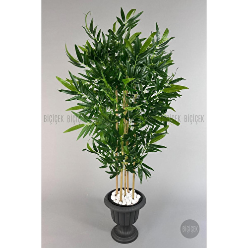 Biçiçek Yapay Bambu Ağacı 170cm Büyük Yapraklı 5 Bambulu Antrasit Renk Nergis Saksıda Yapay Ağaç