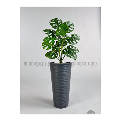 Biçiçek Yapay Çiçek Salon Bitkisi Monstera Deve Tabanı Antrasit Renk Kumsal Saksıda