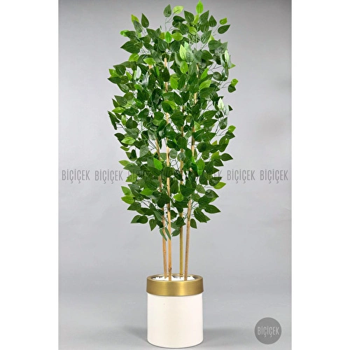 Biçiçek Yapay Benjamin Ağacı 140cm Krem Gold Metal Saksıda