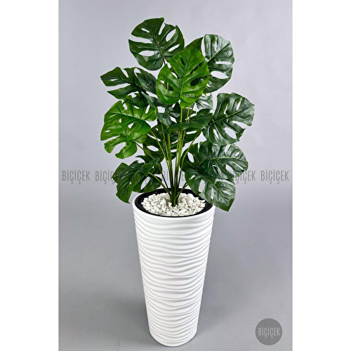 Biçiçek Yapay Çiçek Salon Bitkisi Monstera Deve Tabanı Beyaz Renk Kumsal Saksıda Biçiçek Yapay Çiçek Salon Bitkisi Monstera Deve Tabanı Beyaz Renk Kumsal Saksıda