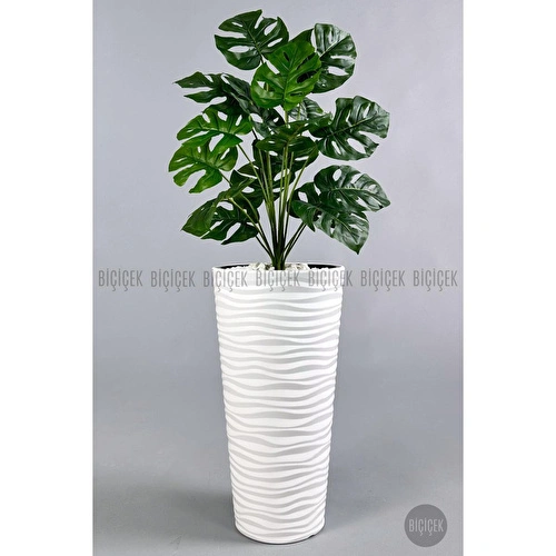 Biçiçek Yapay Çiçek Salon Bitkisi Monstera Deve Tabanı Beyaz Renk Kumsal Saksıda