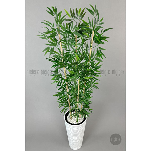 Biçiçek Yapay Bambu Ağacı 180cm Yoğun Yapraklı Beyaz Renk Kumsal Saksıda