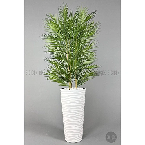 Biçiçek Yapay Areka Ağacı Palmiye Ağacı 33 Yapraklı Bambu Gövdeli Beyaz Kumsal Saksı Salon Çiçeği 150cm