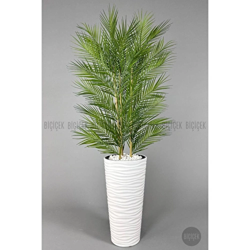 Biçiçek Yapay Areka Ağacı Palmiye Ağacı 33 Yapraklı Bambu Gövdeli Beyaz Kumsal Saksı Salon Çiçeği 150cm