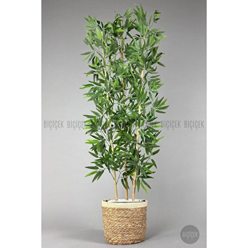 Biçiçek Yapay Bambu Ağacı 140cm Hasır Saksıda Siyah-gümüş