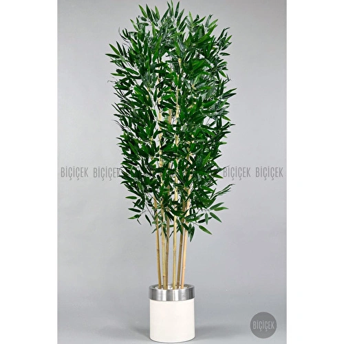 Biçiçek Yapay Bambu Ağacı 170cm Krem Metal Saksıda Gümüş