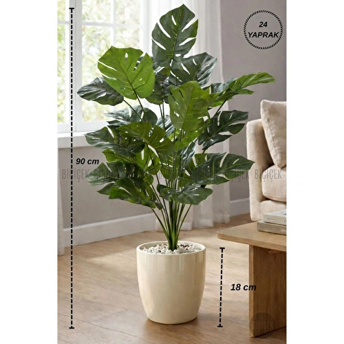 Biçiçek Yapay Çiçek Salon Bitkisi Monstera Deve Tabanı Kırıkbeyaz Renk Yalı Saksıda