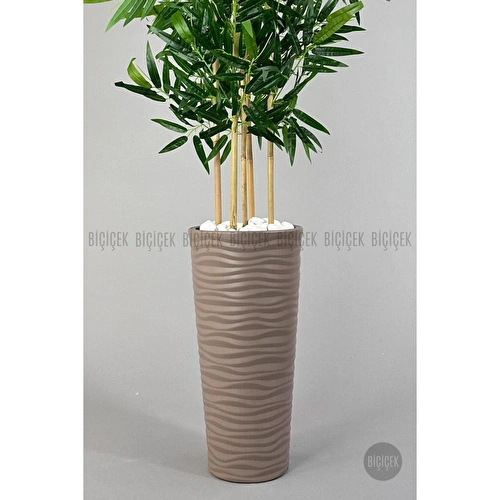 Biçiçek Yapay Bambu Ağacı 185cm Büyük Yapraklı 5 Bambulu Bej Renk Kumsal Saksıda Yapay Ağaç