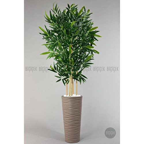 Biçiçek Yapay Bambu Ağacı 185cm Büyük Yapraklı 5 Bambulu Bej Renk Kumsal Saksıda Yapay Ağaç