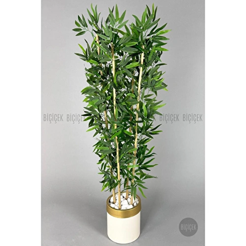 Biçiçek Yapay Bambu Ağacı 140cm Krem Gold Metal Saksıda