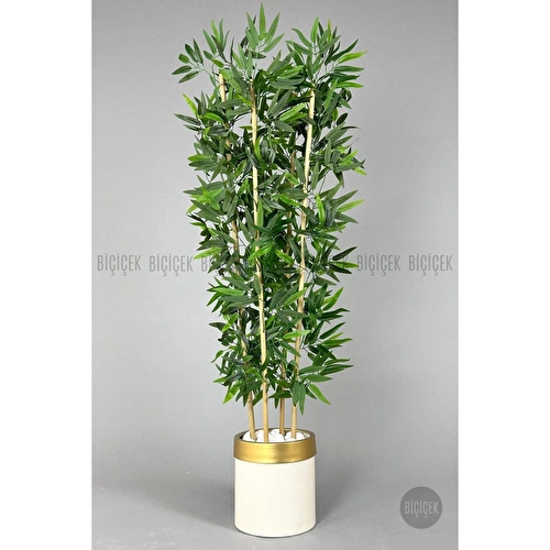 Biçiçek Yapay Bambu Ağacı 140cm Krem Gold Metal Saksıda