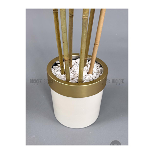 Biçiçek Yapay Bambu Ağacı 170cm Krem Metal Saksıda Gold