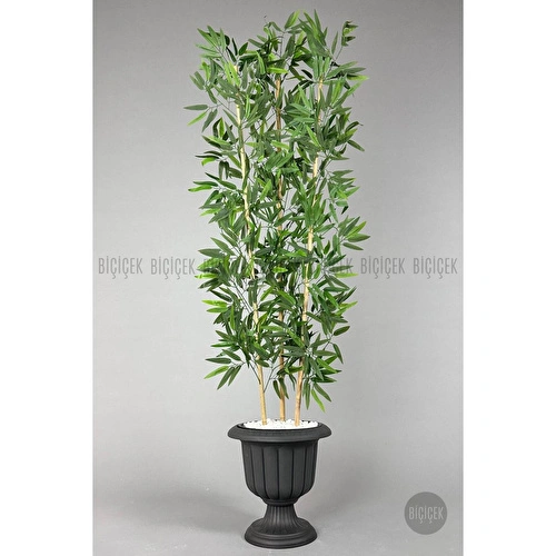 Biçiçek Yapay Bambu Ağacı 170cm Yoğun Yapraklı Antrasit Renk Nergis Saksıda