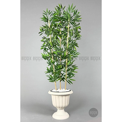 Biçiçek Yapay Bambu Ağacı 140cm Yoğun Yapraklı Kırık Beyaz Renk Nergis Saksıda