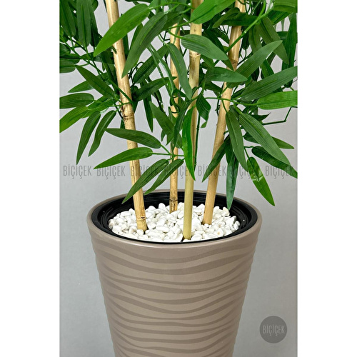 Biçiçek Yapay Bambu Ağacı 180cm Yoğun Yapraklı Bej Renk Kumsal Saksıda