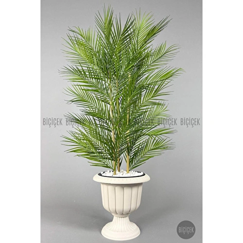 Biçiçek Yapay Areka Ağacı Palmiye Ağacı 33 Yapraklı Bambu Gövdeli Kırıkbeyaz Nergis Saksı Salon Çiçeği 130cm