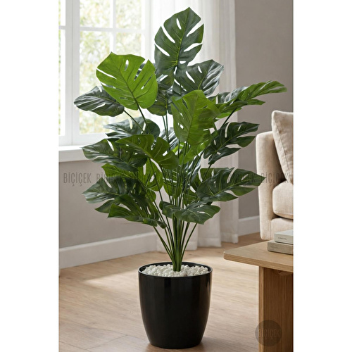 Biçiçek Yapay Çiçek Salon Bitkisi Monstera Deve Tabanı Antrasit Renk Yalı Saksıda