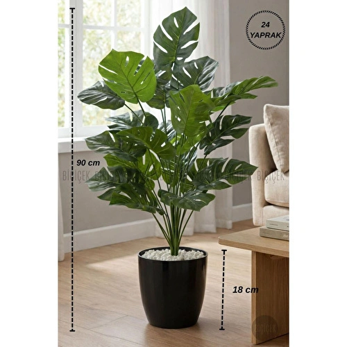 Biçiçek Yapay Çiçek Salon Bitkisi Monstera Deve Tabanı Antrasit Renk Yalı Saksıda