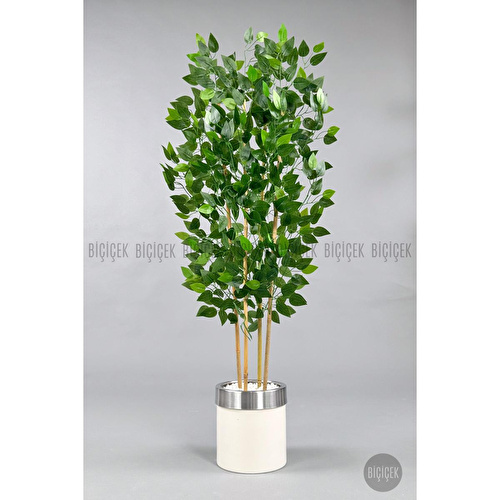 Biçiçek Yapay Benjamin Ağacı 140cm Krem Gümüş Metal Saksıda