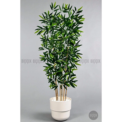 Biçiçek Yapay Bambu Ağacı 6 Dallı 150 Cm Yoğun Yapraklı Beyaz