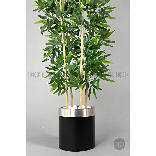 Biçiçek Yapay Bambu Ağacı 140cm Siyah Gümüş Metal Saksıda