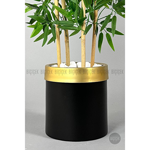 Biçiçek Yapay Bambu Ağacı 140cm Siyah Gold Metal Saksıda
