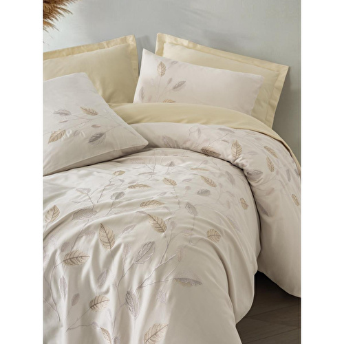 Cotton Box Nakışlı Saten Çift Kişilik Nevresim Takımı Blade Bej Cotton Box Nakışlı Saten Çift Kişilik Nevresim Takımı Blade Bej