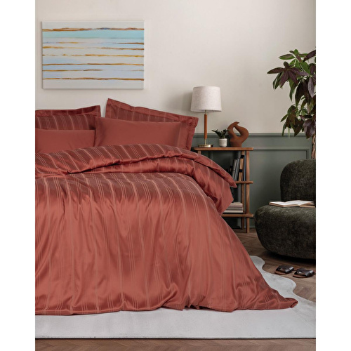 Cotton Box Smart Bambu Saten Çift Kişilik Nevresim Takımı Stripe Kiremit