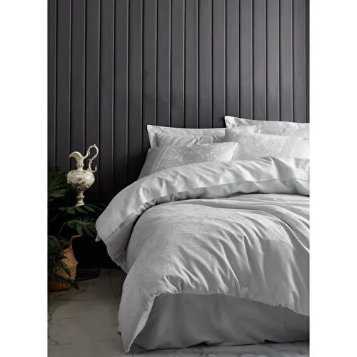 Cotton Box Jakarlı Saten Çift Kişilik Nevresim Takımı Leaf Buz Mavi