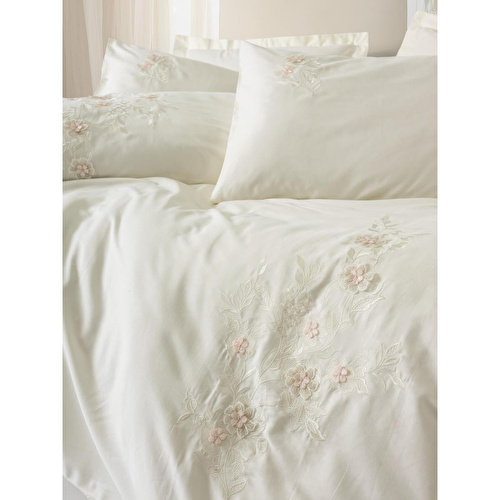 Cotton Box 3d Nakışlı Saten Çift Kişilik Nevresim Takımı Aira Ekru