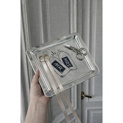 Beige & Stone Mr. & Mrs. Desenli Kare Paslanmaz Çelik Kahve Çay Söz Nişan Sunum Ve Dekoratif Tepsi