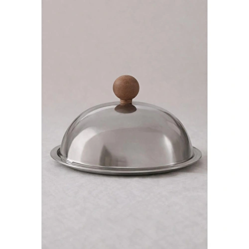 Beige & Stone Ahşap Kulplu Fanus Paslanmaz Çelik Gümüş 18 Cm Tabaklı Kek Pasta Sunum Stand Tepsi