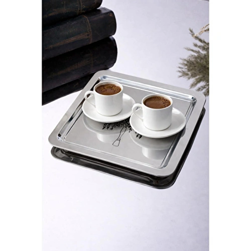 Beige & Stone Şamdan Desenli Kare Paslanmaz Çelik Kahve Çay Sunum Ve Dekoratif Tepsi