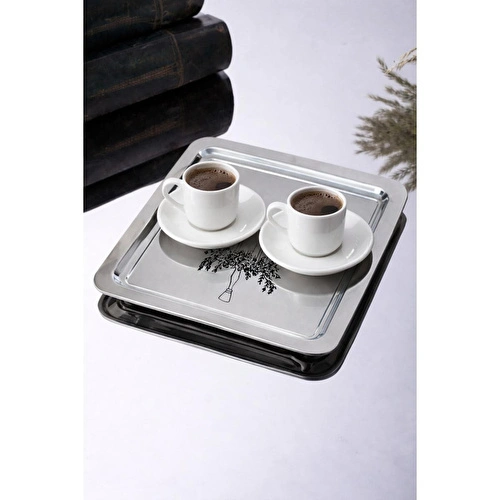 Beige & Stone Şamdan Desenli Kare Paslanmaz Çelik Kahve Çay Sunum Ve Dekoratif Tepsi