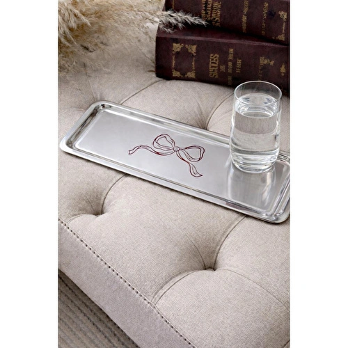 Beige & Stone Fiyonk Desenli Dikdörtgen Paslanmaz Çelik Kahve Çay Söz Nişan Sunum Ve Dekoratif Tepsi