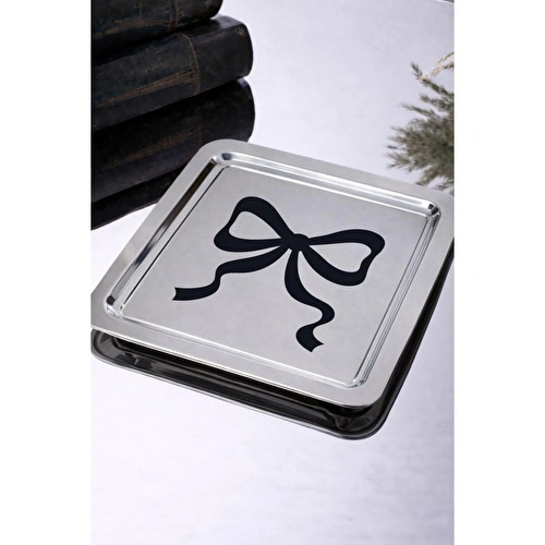 Beige & Stone Siyah Fiyonk Desenli Kare Paslanmaz Çelik Kahve Çay Söz Nişan Sunum Ve Dekoratif Tepsi