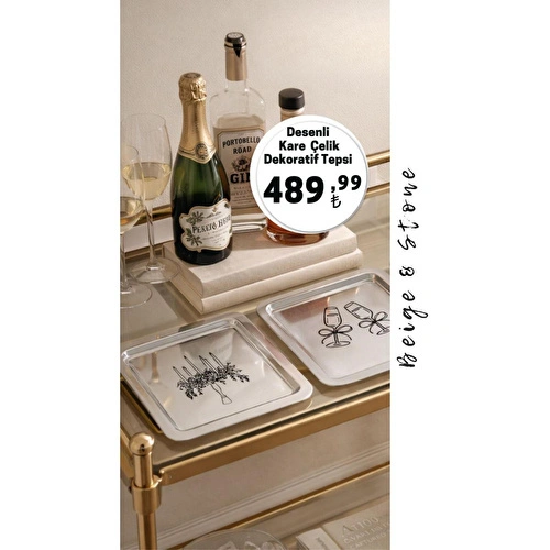 Beige & Stone Kadeh Desenli Kare Paslanmaz Çelik Çelik Çay Söz Nişan Sunum Ve Dekoratif Tepsi