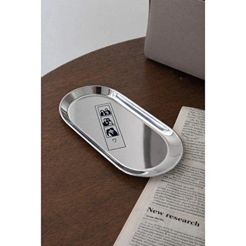 Beige & Stone Love Story Desenli Gümüş Paslanmaz Çelik Tepsi Takılık, Sunum Düzenleyici Sevgililer Günü Hediyesi