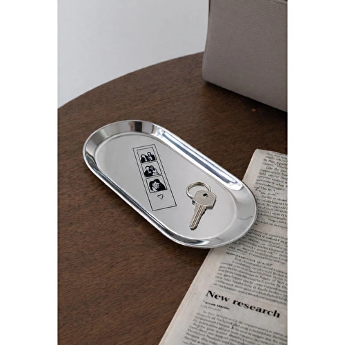 Beige & Stone Love Story Desenli Gümüş Paslanmaz Çelik Tepsi Takılık, Sunum Düzenleyici Sevgililer Günü Hediyesi