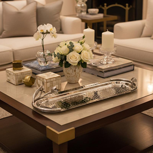 Cornella Floral Dekoratif Elips Sunum Tabağı Silver Büyük En:15 Cm X Boy:50 Cm