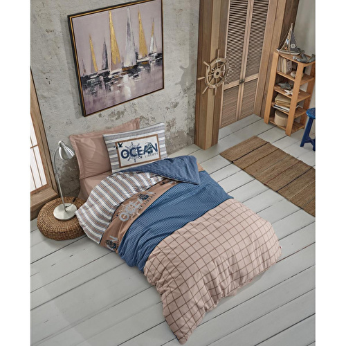 Cotton Box Genç Odası Tek Kişilik Lastikli Çarşaflı Nevresim Takımı Ocean Lacivert