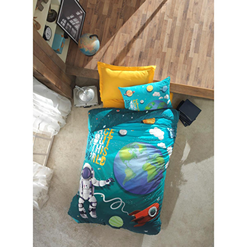 Cotton Box Junior Tek Kişilik Lastikli Çarşaflı Nevresim Takımı Little Astronaut Turkuaz